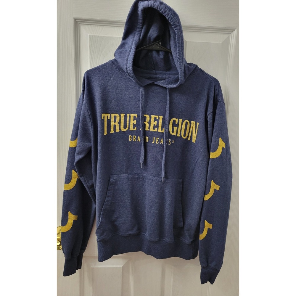 True Religion Brand Jeans Men's Medium Hoodie Pullover Sweatshirt Blue EUC